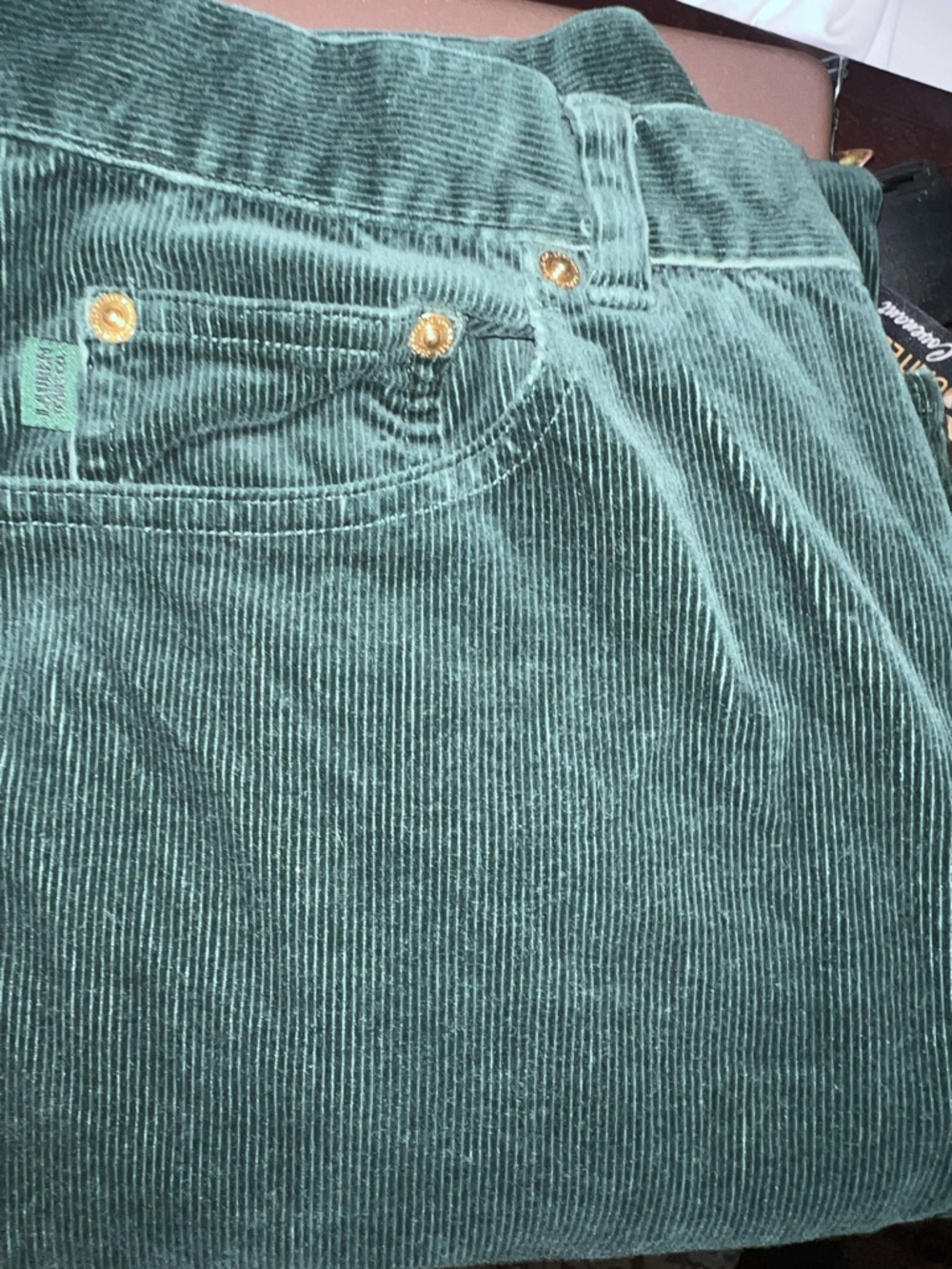 Ralph Lauren Green Corduroy Boot Cut Pants with Gold Rivets